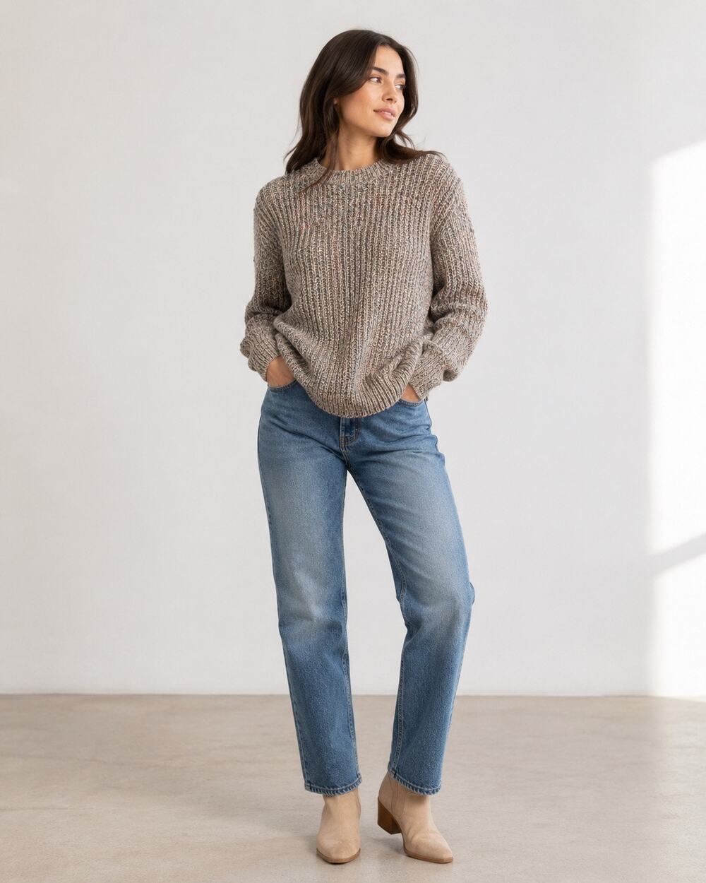 Avon Fashions Marled Speckled Knit Sweater Gray Cream Long Sleeve Size L Vintage